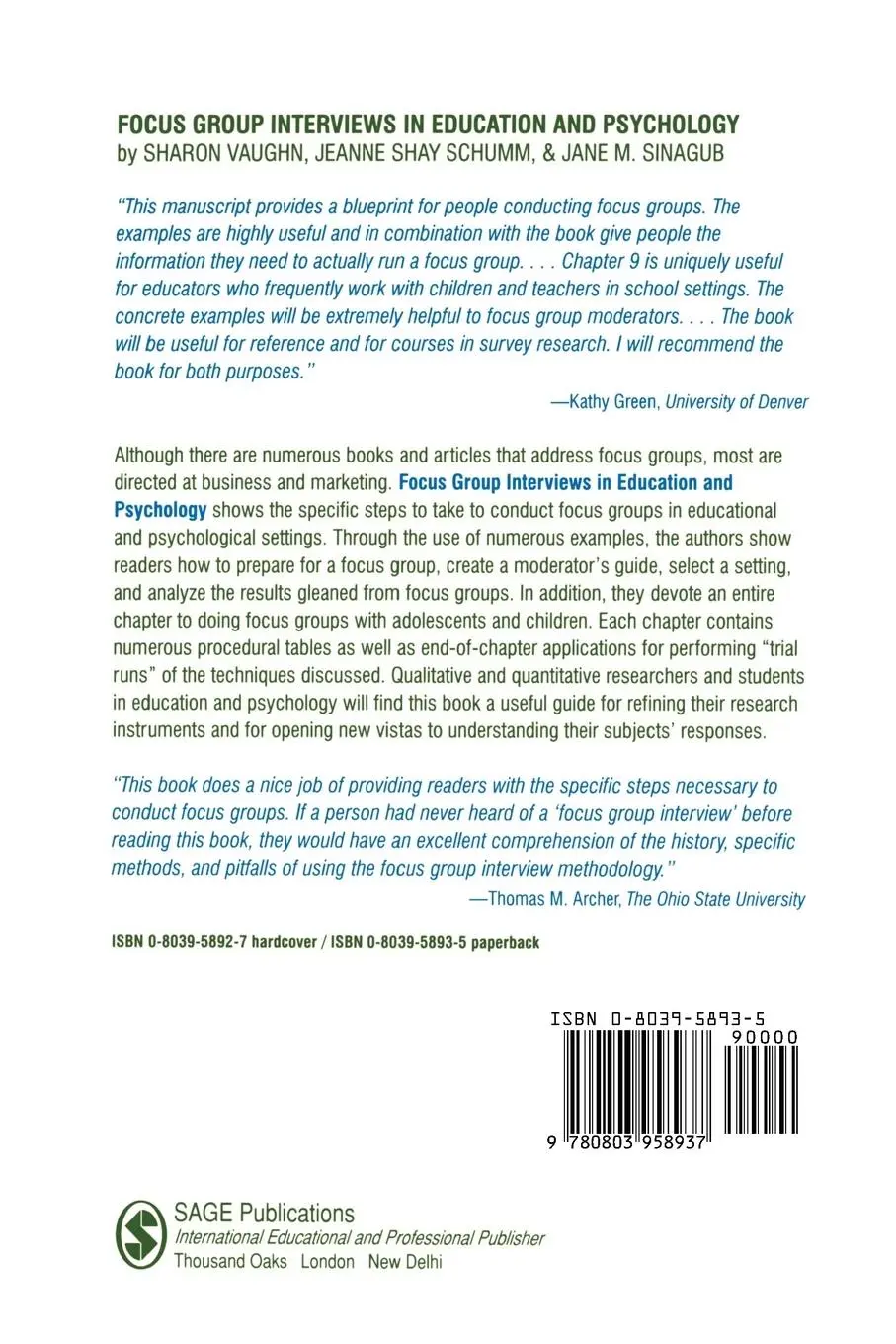 Rückseite: 9780803958937 | Focus Group Interviews in Education and Psychology | Vaughn (u. a.)