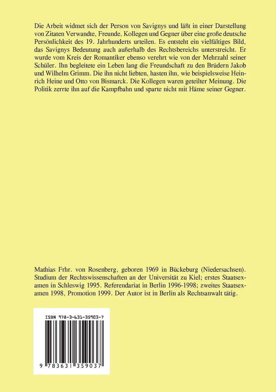 Rückseite: 9783631359037 | Friedrich Carl von Savigny (1779-1861) im Urteil seiner Zeit | Buch
