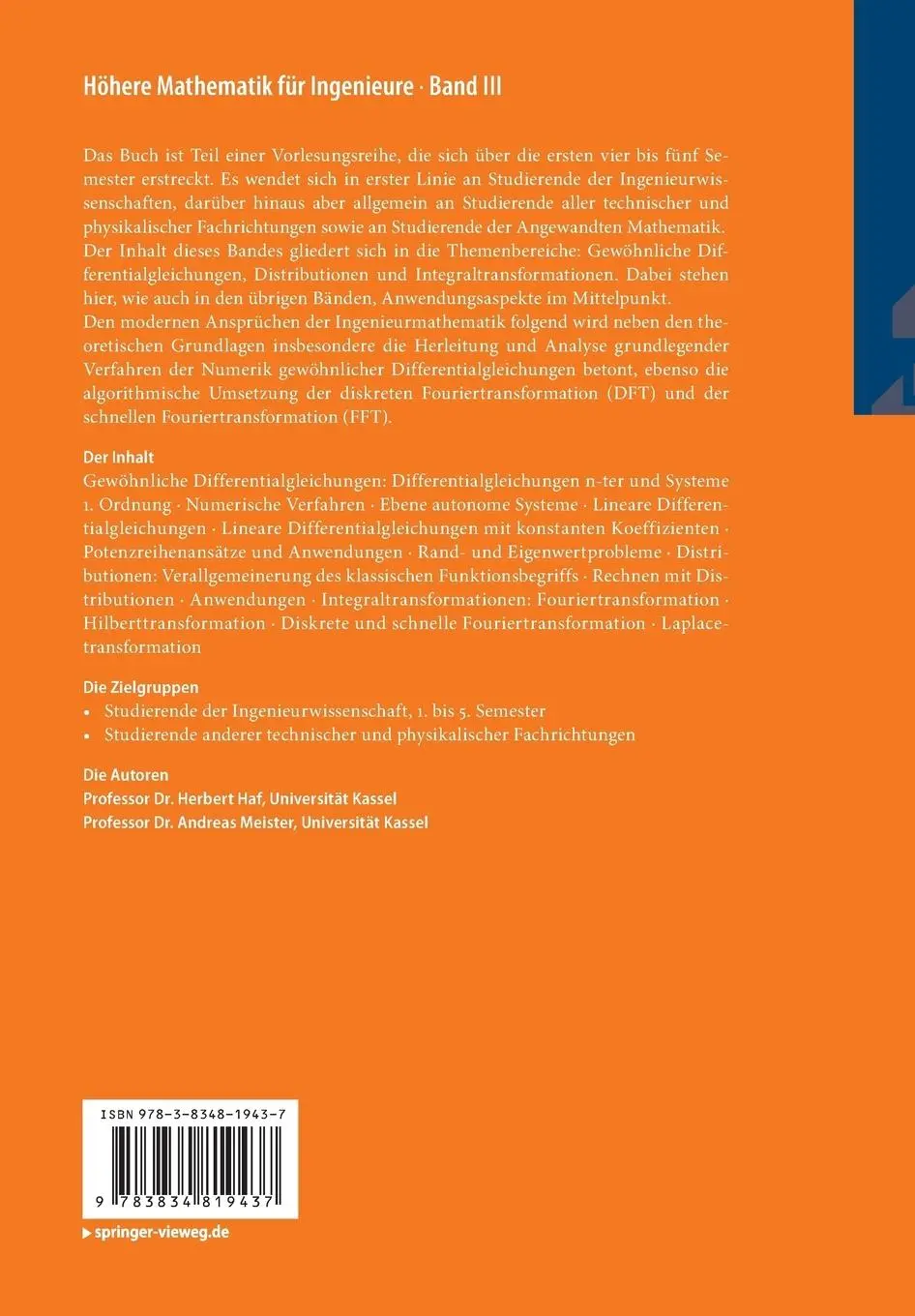 Rückseite: 9783834819437 | Höhere Mathematik für Ingenieure | Klemens Burg (u. a.) | Taschenbuch