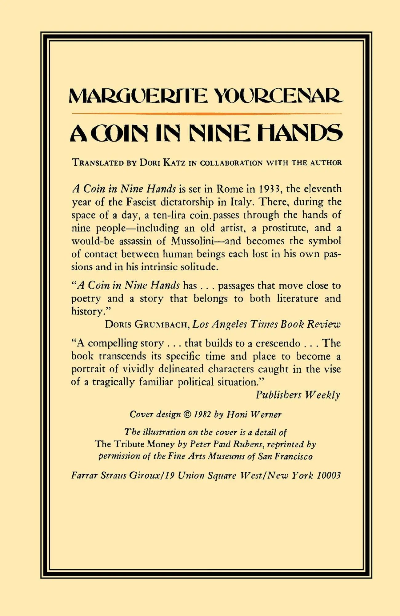 Rückseite: 9780374519537 | A Coin in Nine Hands | Marguerite Yourcenar | Taschenbuch | Englisch