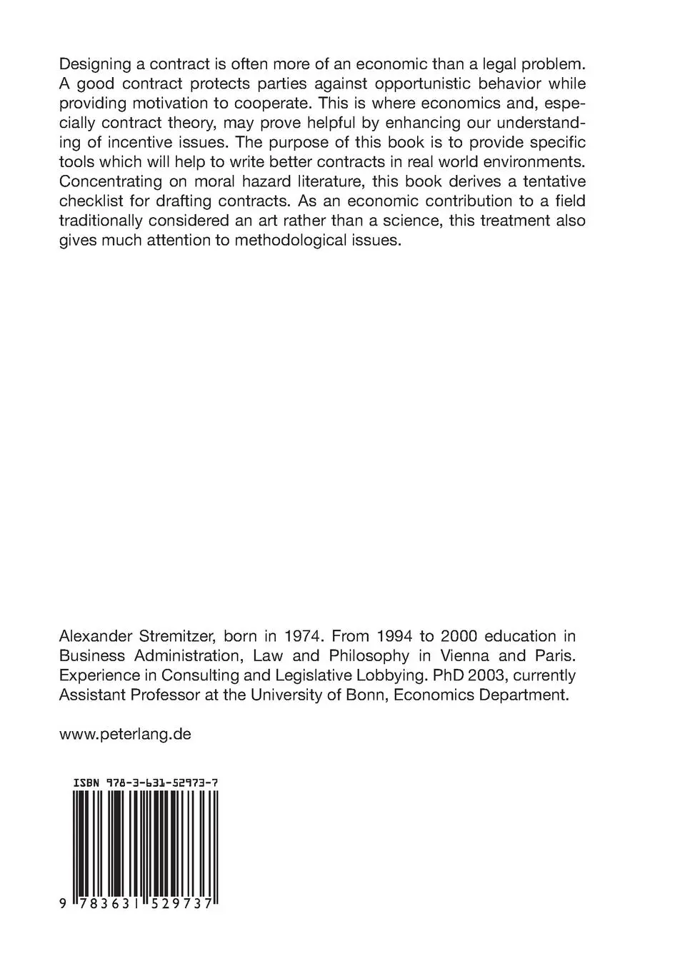 Rückseite: 9783631529737 | Agency Theory: Methodology, Analysis | Alexander Stremitzer | Buch