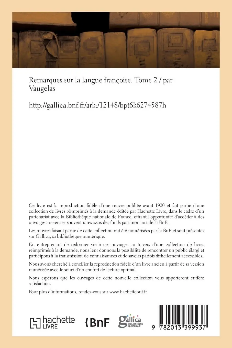 Rückseite: 9782013399937 | Remarques Sur La Langue Françoise. Tome 2 | Claude Favre De Vaugelas