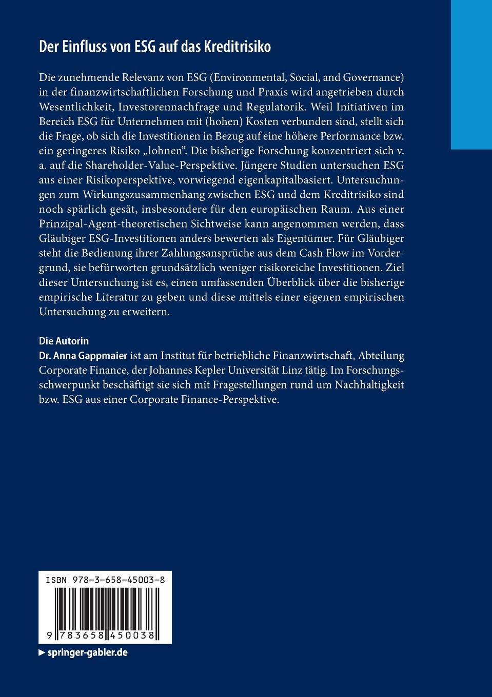 Rückseite: 9783658450038 | Der Einfluss von ESG auf das Kreditrisiko | Anna Gappmaier | Buch