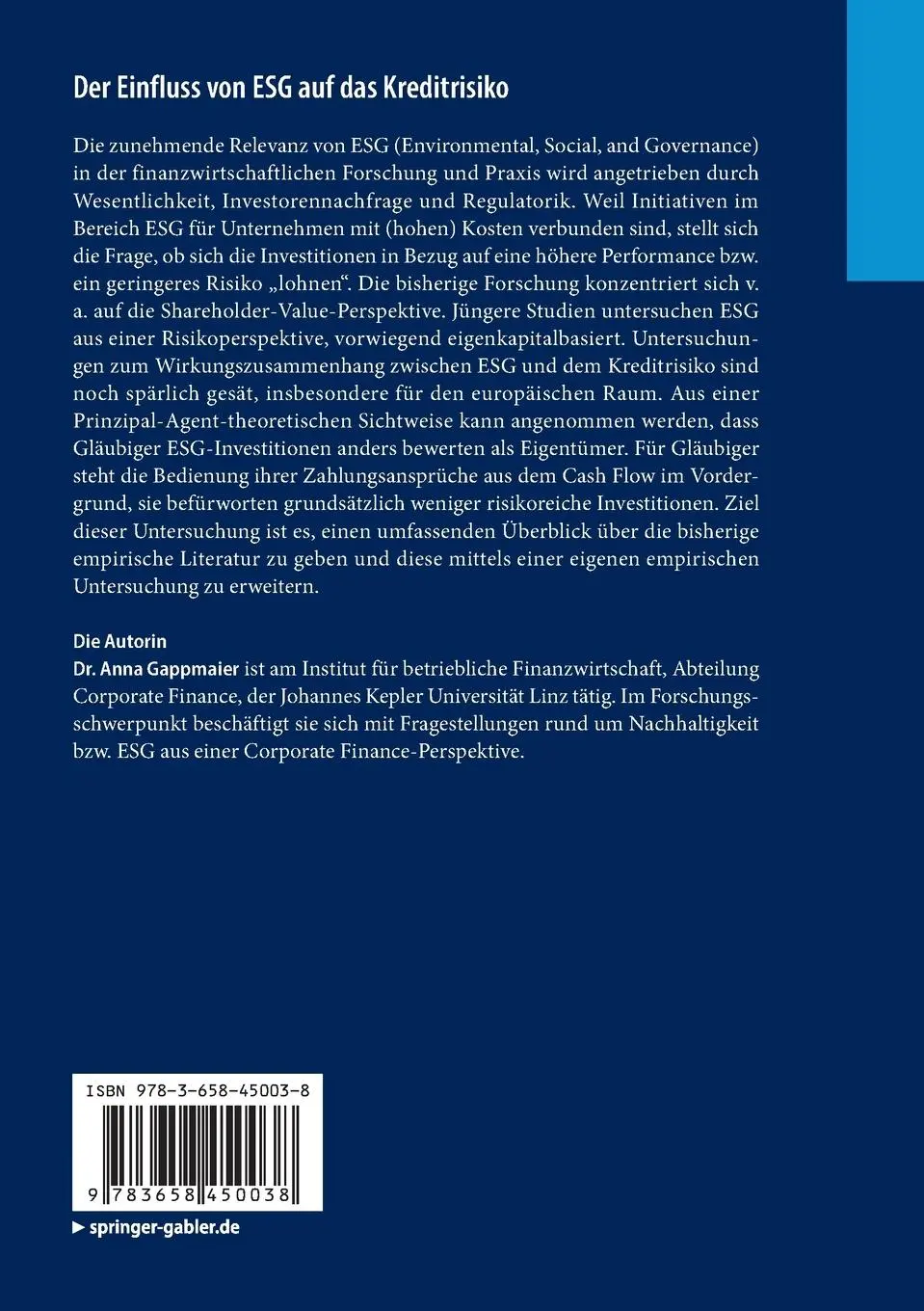 Rückseite: 9783658450038 | Der Einfluss von ESG auf das Kreditrisiko | Anna Gappmaier | Buch