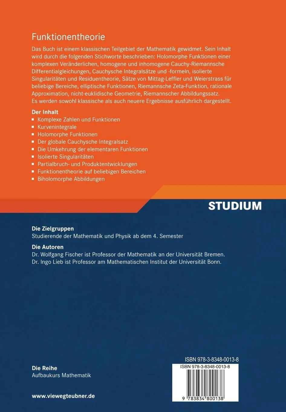 Rückseite: 9783834800138 | Funktionentheorie | Komplexe Analysis in einer Veränderlichen | Buch