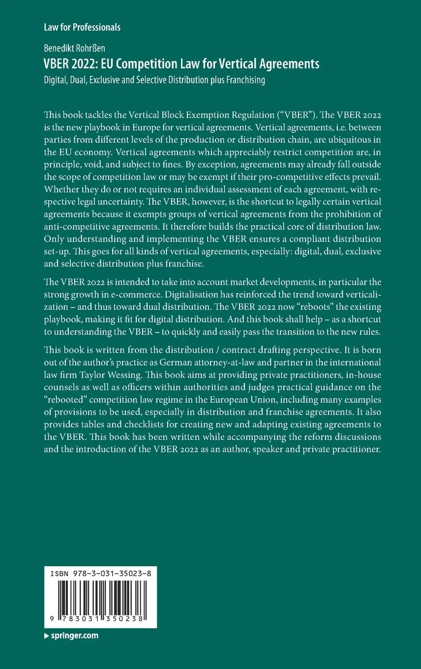 Rückseite: 9783031350238 | VBER 2022: EU Competition Law for Vertical Agreements | Rohrßen | Buch