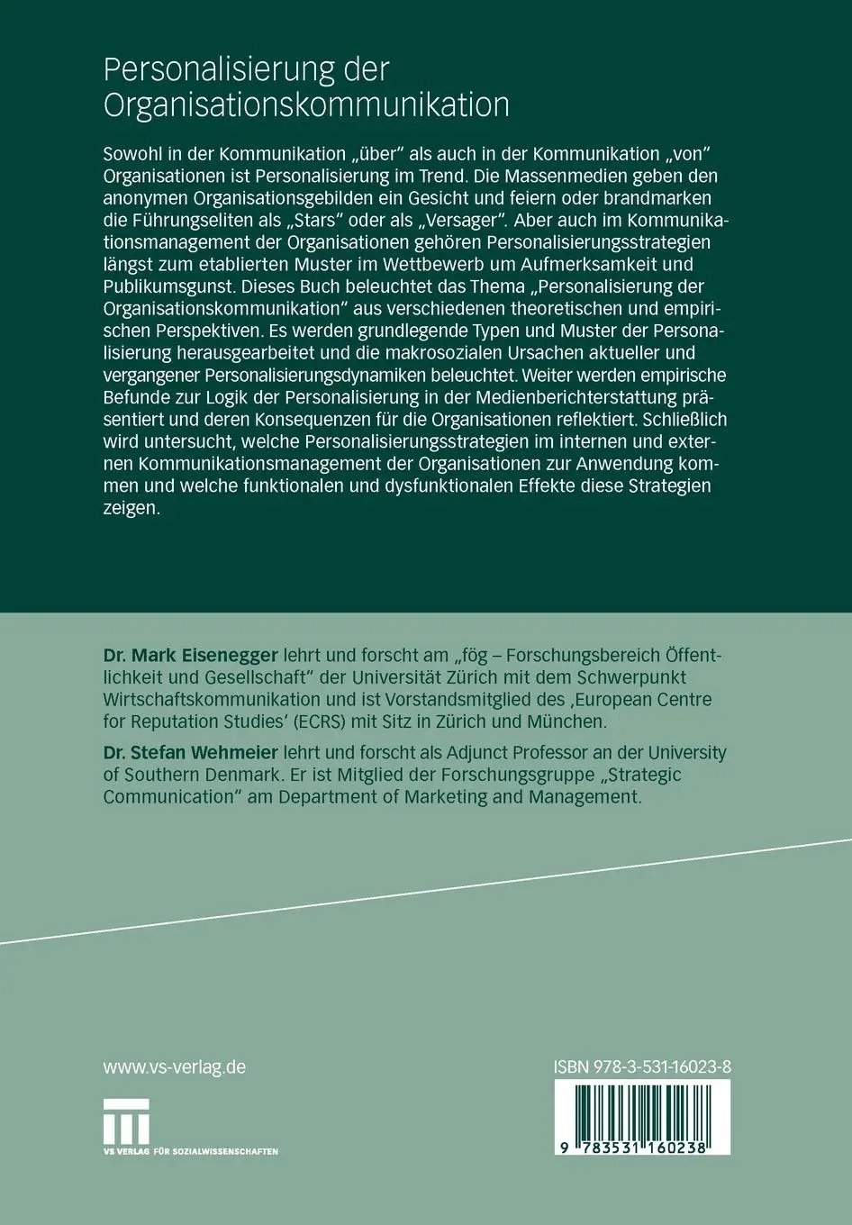 Rückseite: 9783531160238 | Personalisierung der Organisationskommunikation | Wehmeier (u. a.)