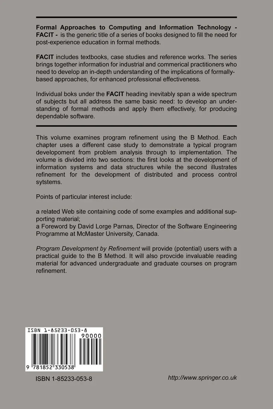Rückseite: 9781852330538 | Program Development by Refinement | Case Studies Using the B Method