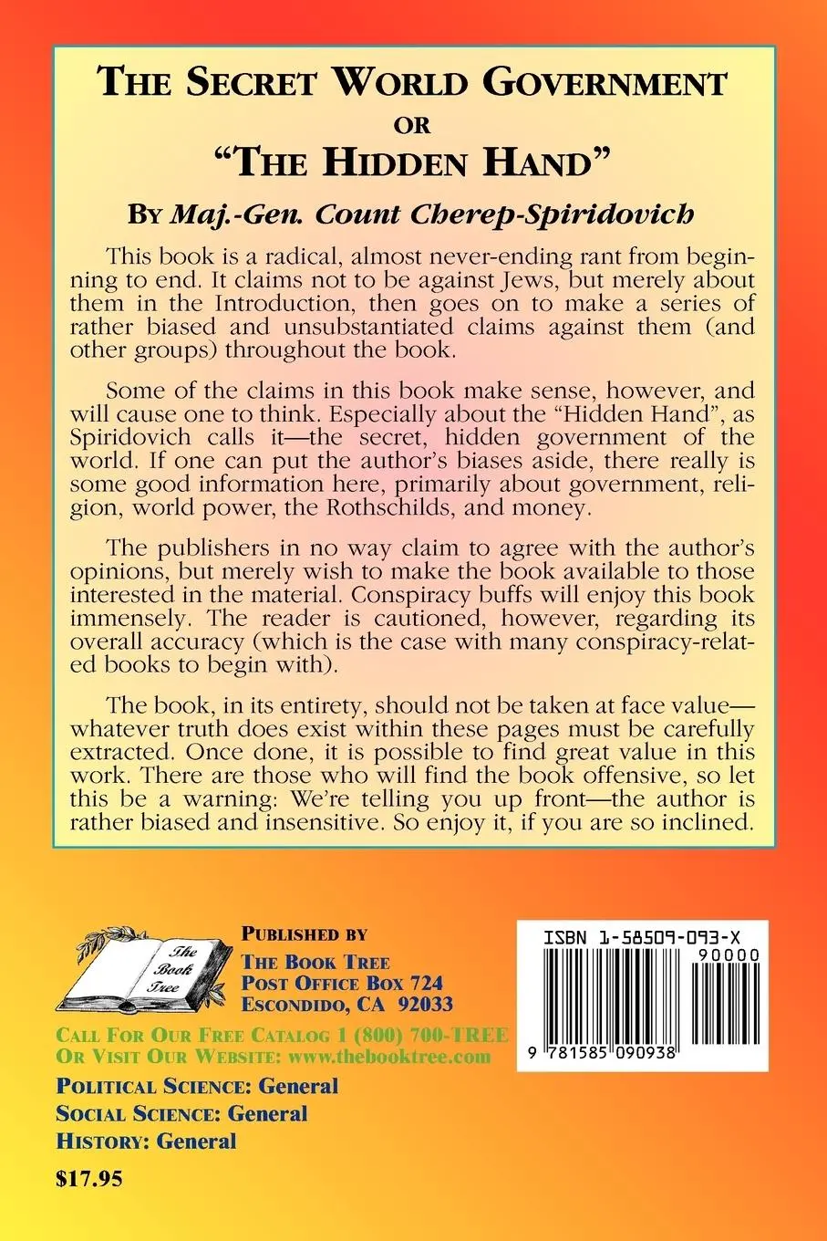 Rückseite: 9781585090938 | The Secret World Government or "The Hidden Hand" | Cherep-Spriridovich