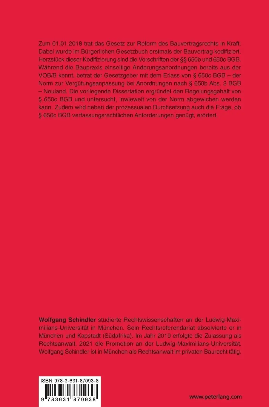 Rückseite: 9783631870938 | Die Vergütungsanpassung nach § 650c BGB | Wolfgang Benno Schindler