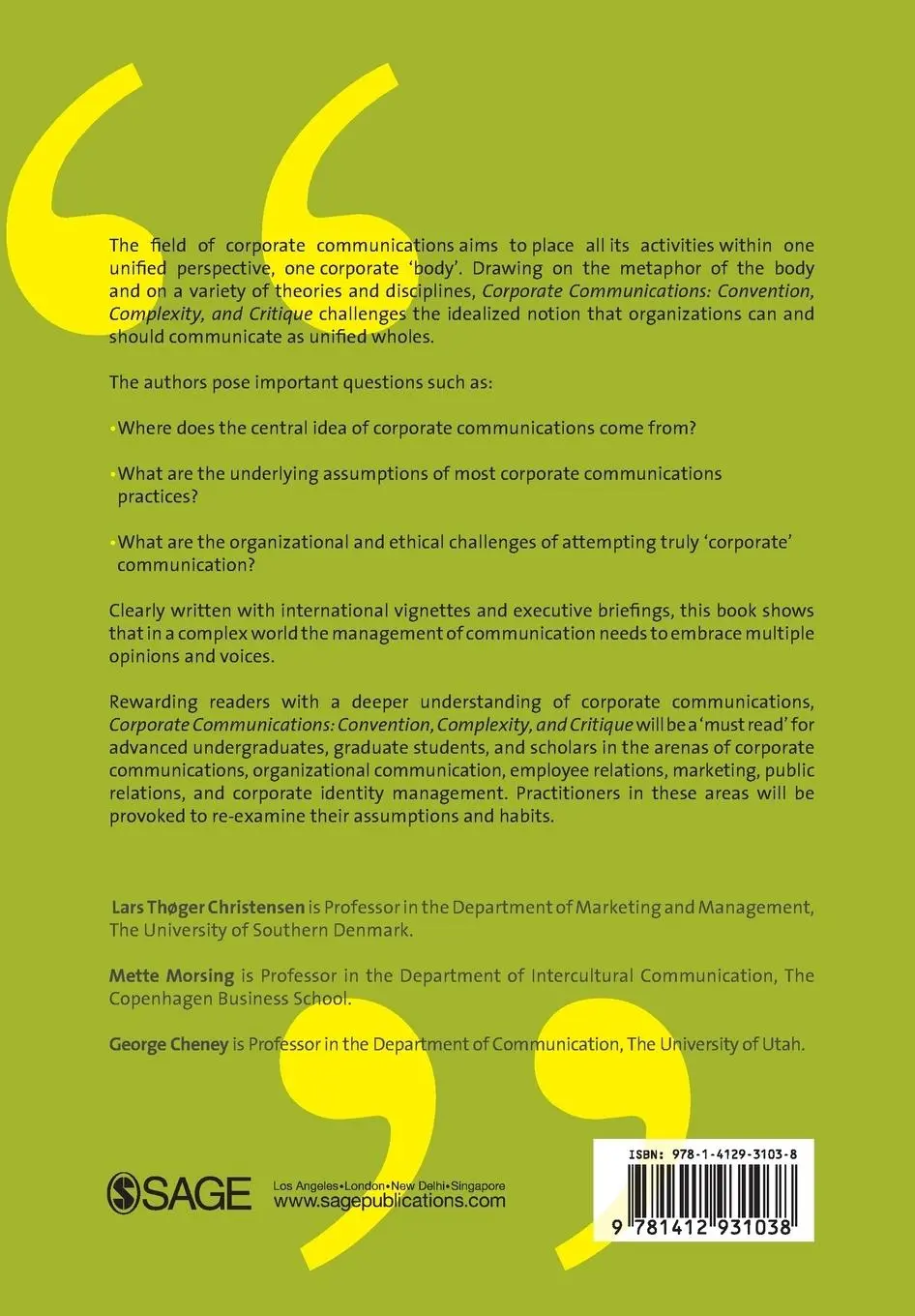 Rückseite: 9781412931038 | Corporate Communications | Convention, Complexity and Critique | Buch