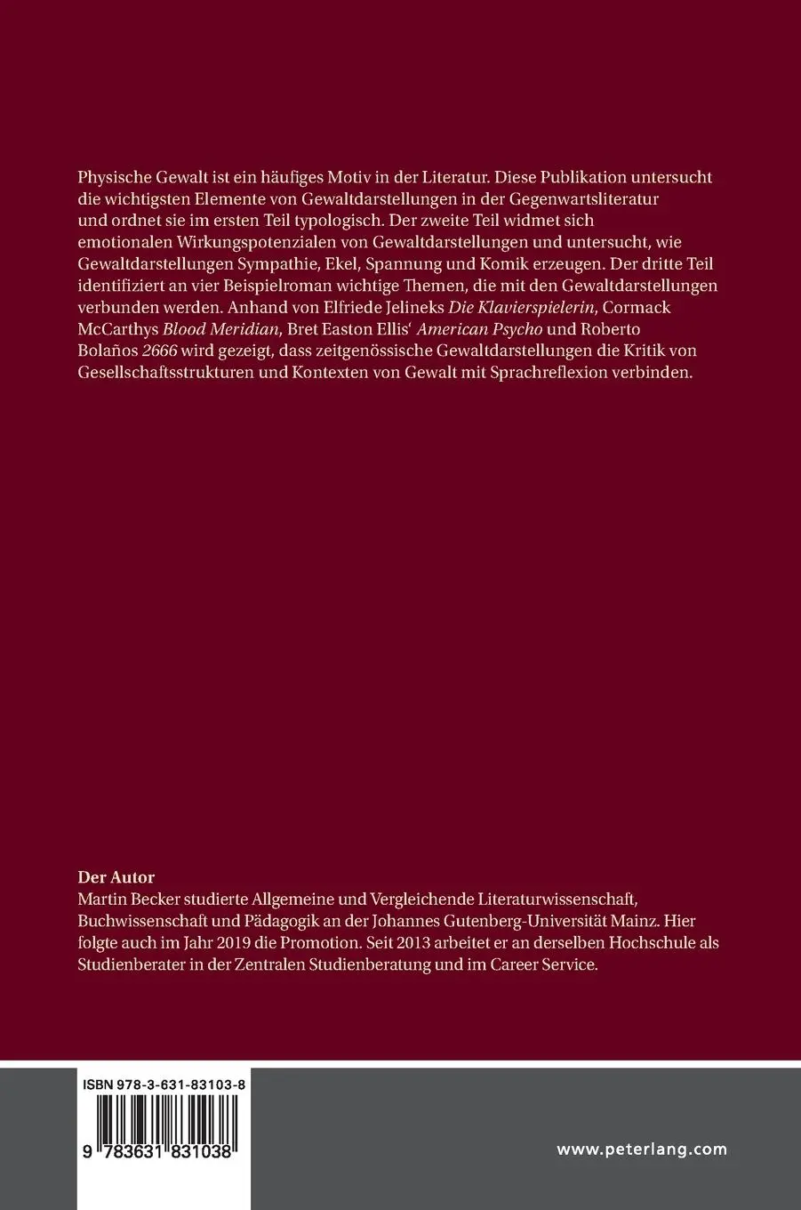Rückseite: 9783631831038 | Gewaltdarstellungen in der Gegenwartsliteratur | Martin Becker | Buch