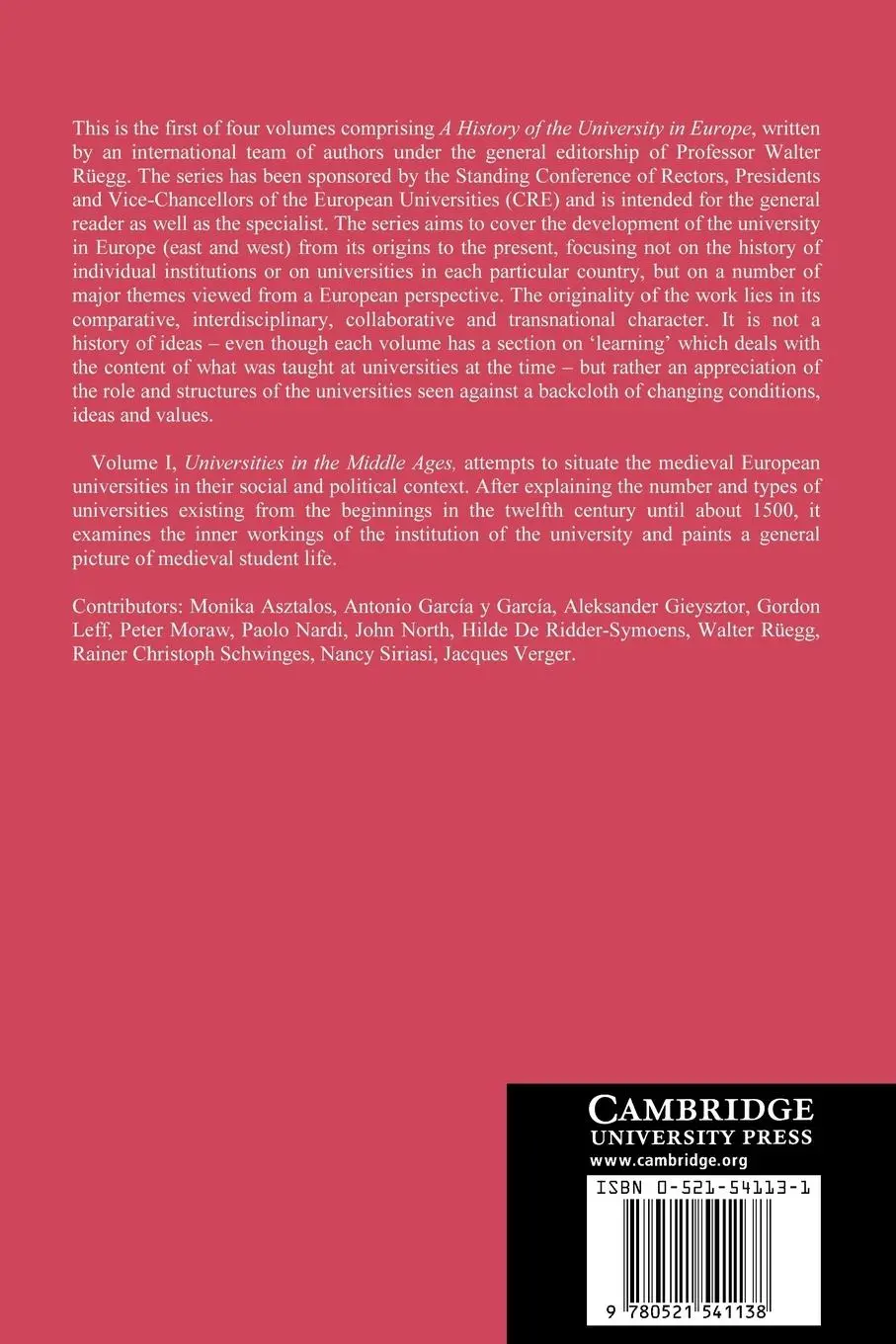 Rückseite: 9780521541138 | A History of the University in Europe | Ridder-Symoens (u. a.) | Buch
