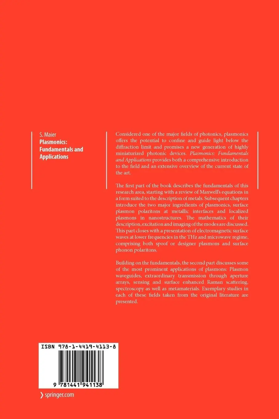 Rückseite: 9781441941138 | Plasmonics: Fundamentals and Applications | Stefan Alexander Maier