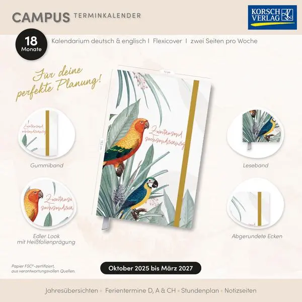 Bild: 9783731891338 | Terminkalender Campus Papagei 18 Monate 2026/2027 | Verlag Korsch
