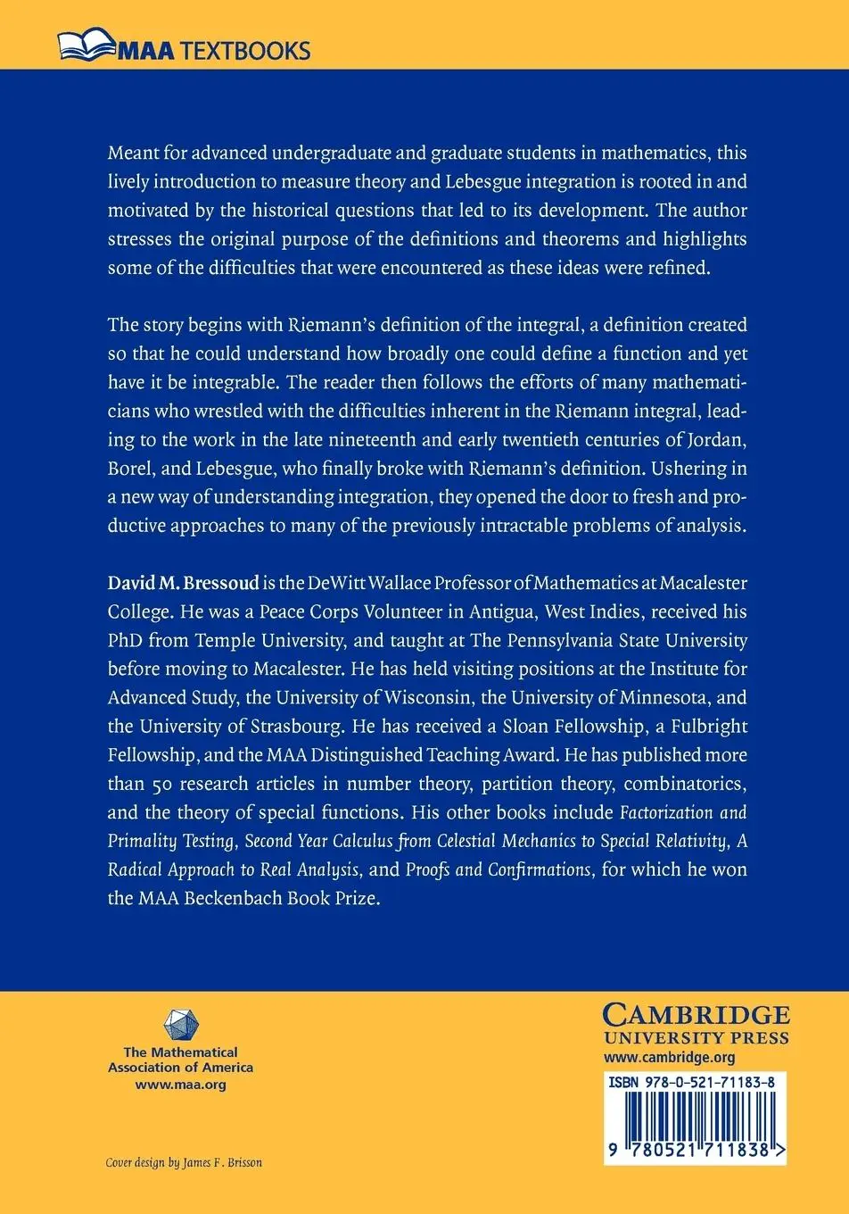 Rückseite: 9780521711838 | A Radical Approach to Lebesque's Theory of Integration | Bressoud
