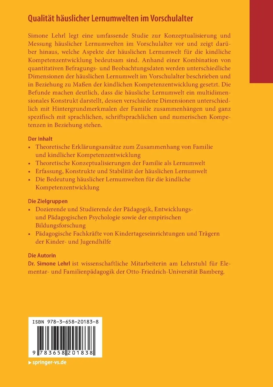 Rückseite: 9783658201838 | Qualität häuslicher Lernumwelten im Vorschulalter | Simone Lehrl | xv