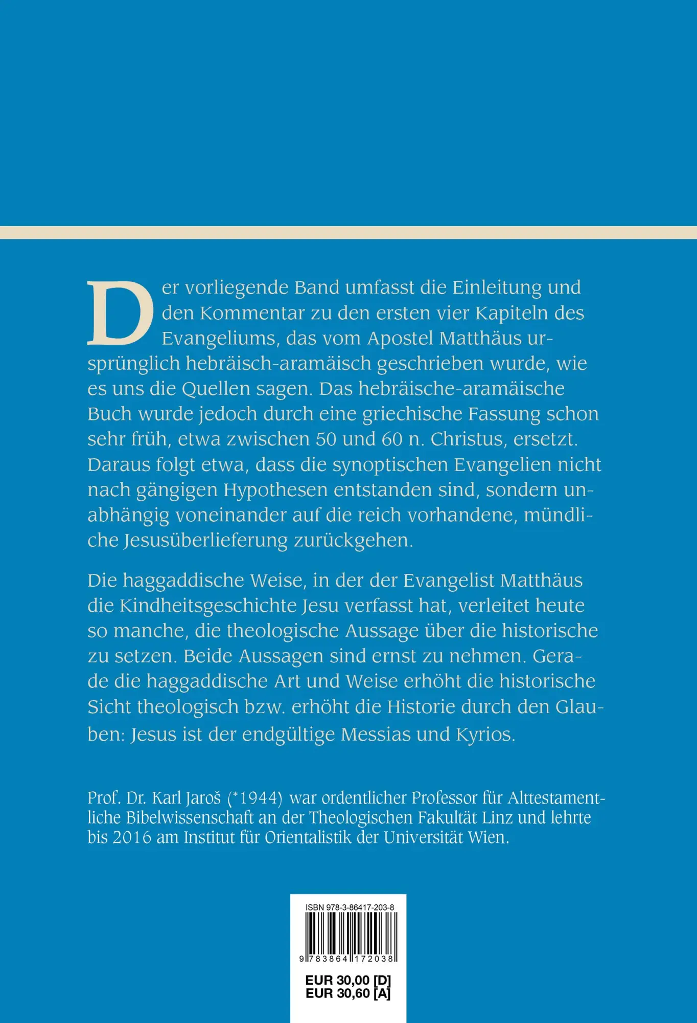 Rückseite: 9783864172038 | Das Evangelium nach Matthäus Band I: Einleitung und Kommentar | Jaros