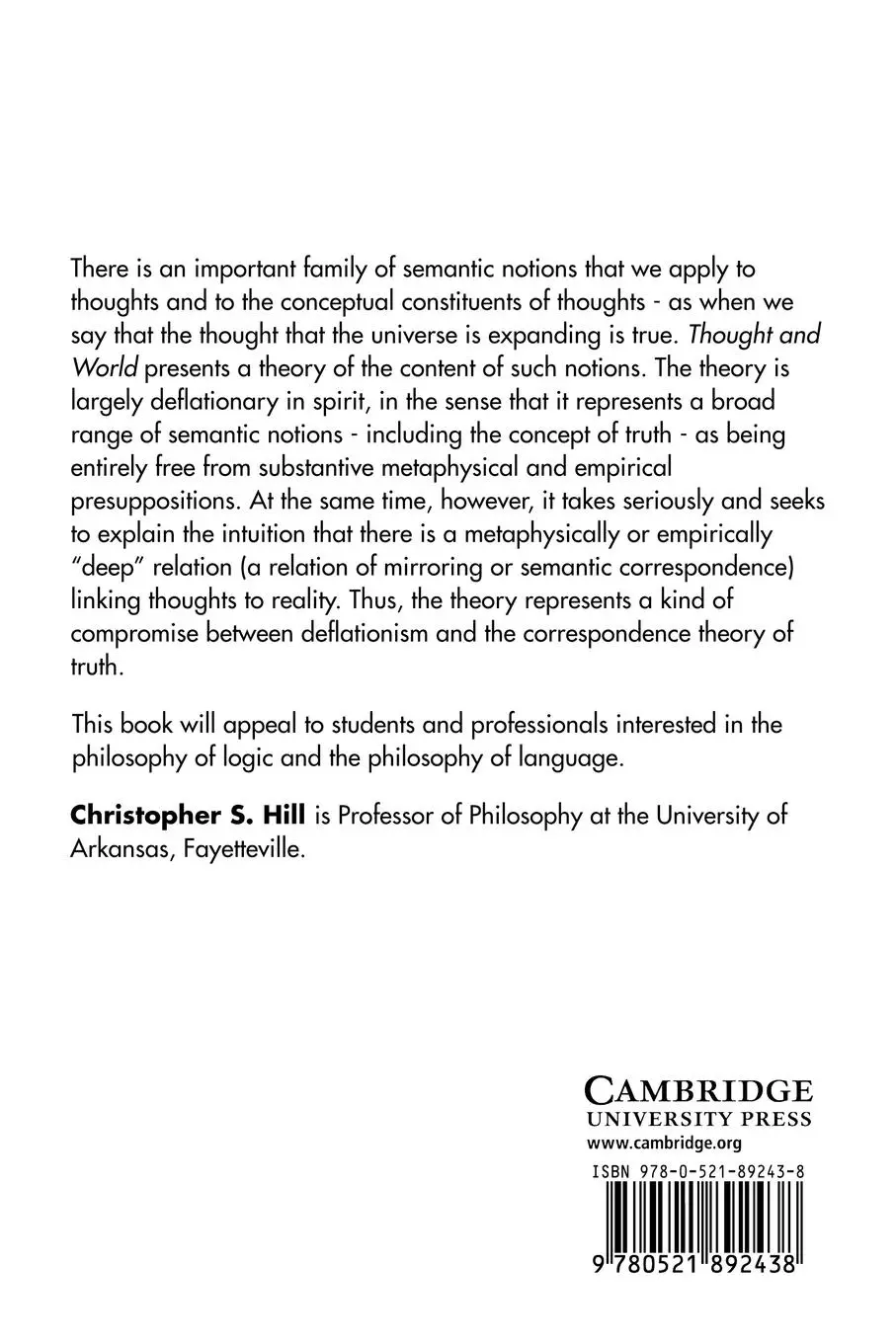 Rückseite: 9780521892438 | Thought and World | Christopher S. Hill | Taschenbuch | Englisch
