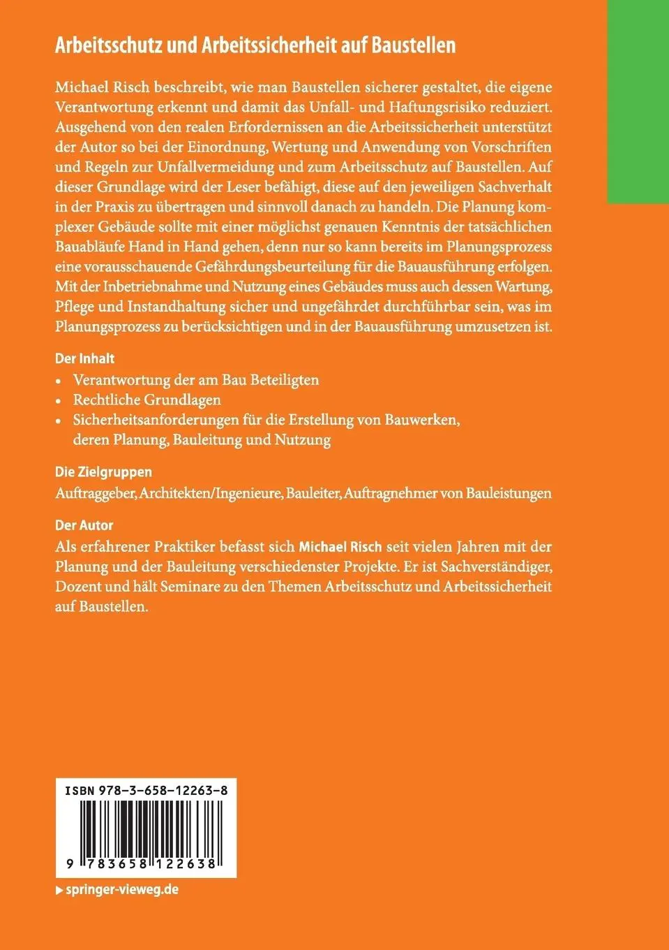 Rückseite: 9783658122638 | Arbeitsschutz und Arbeitssicherheit auf Baustellen | Michael Risch