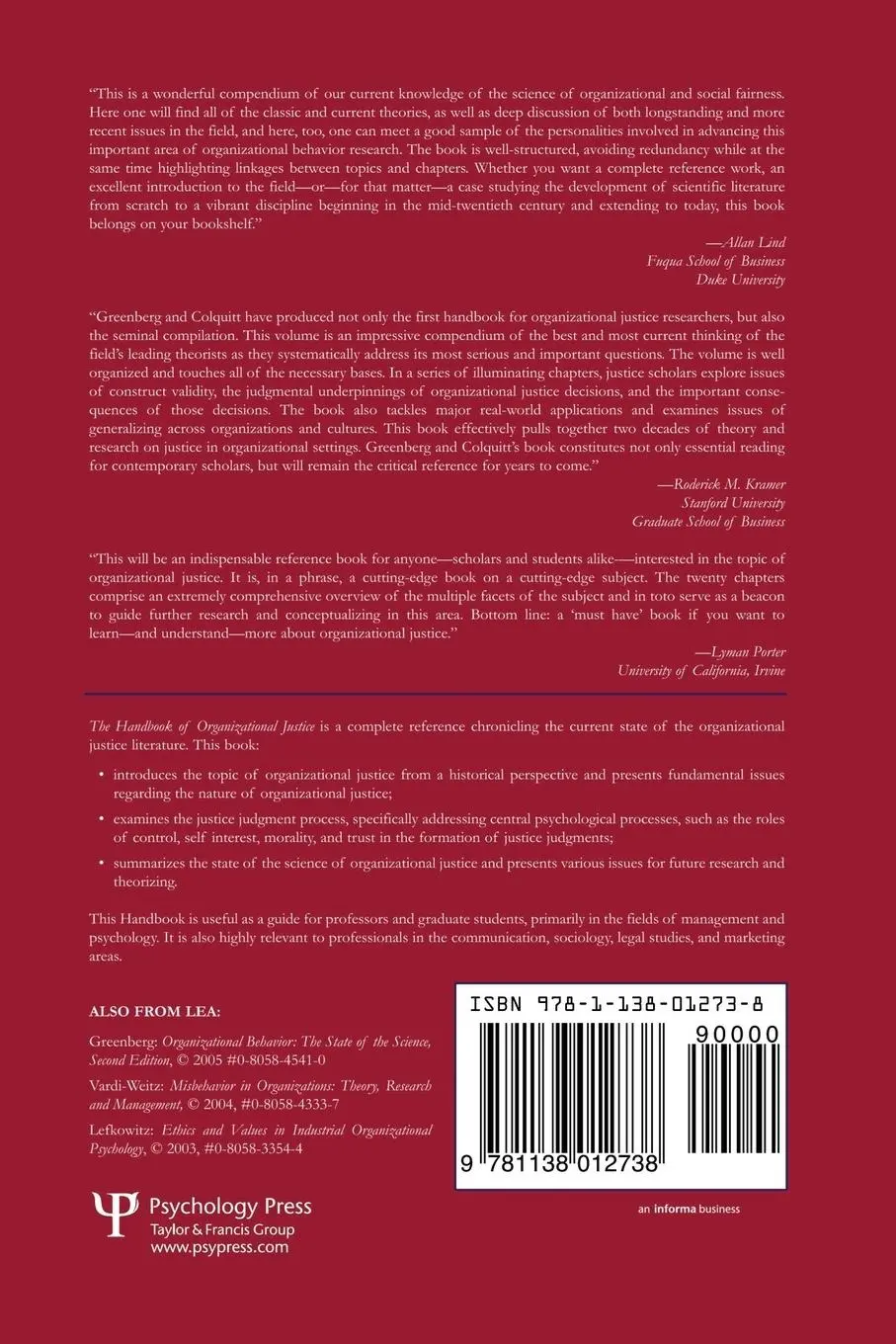 Rückseite: 9781138012738 | Handbook of Organizational Justice | Jerald Greenberg (u. a.) | Buch