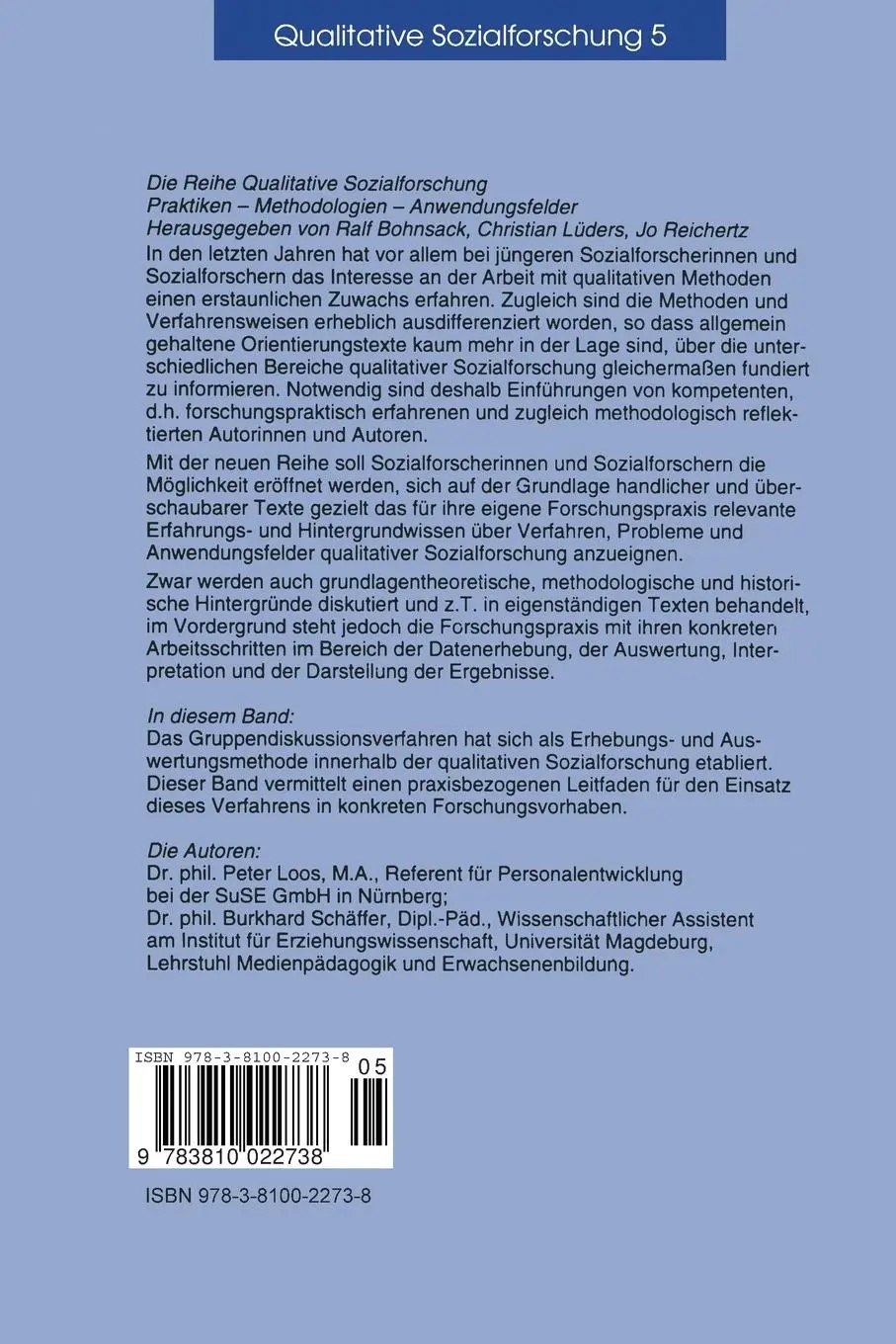 Rückseite: 9783810022738 | Das Gruppendiskussionsverfahren | Burkhard Schäffer (u. a.) | Buch
