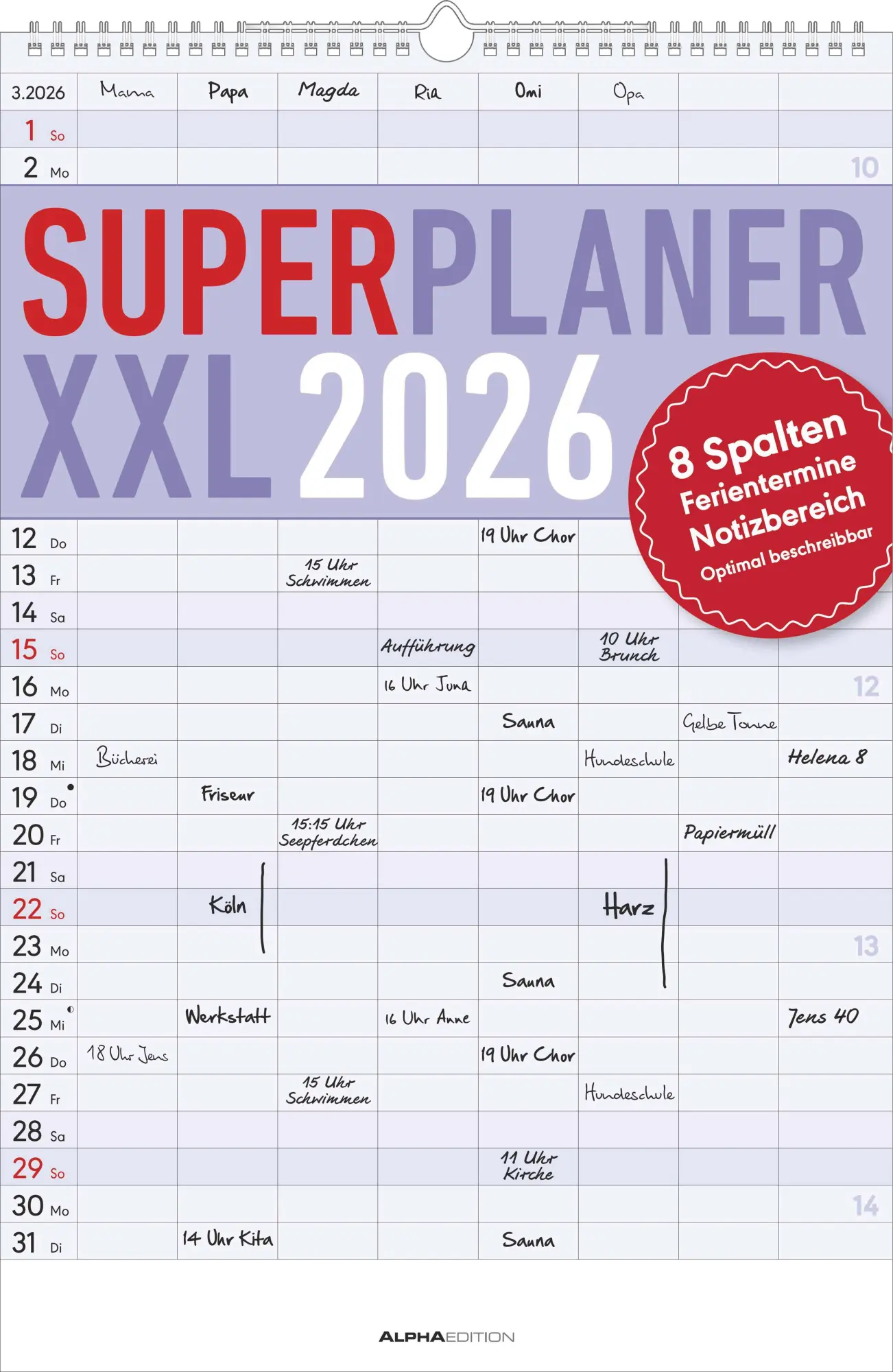 Cover: 4069095002838 | Superplaner XXL 2026 8 Spalten - Timer 33x49,5 cm - Offset-Papier -...