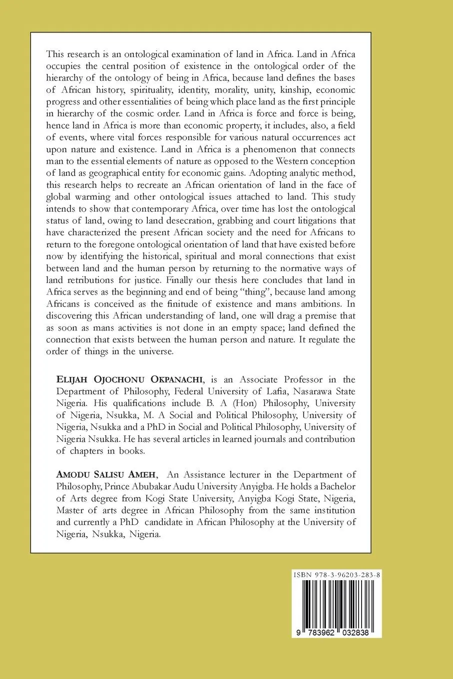 Rückseite: 9783962032838 | Land in African Ontology | Elijah Ojochonu Okpanachi (u. a.) | Buch