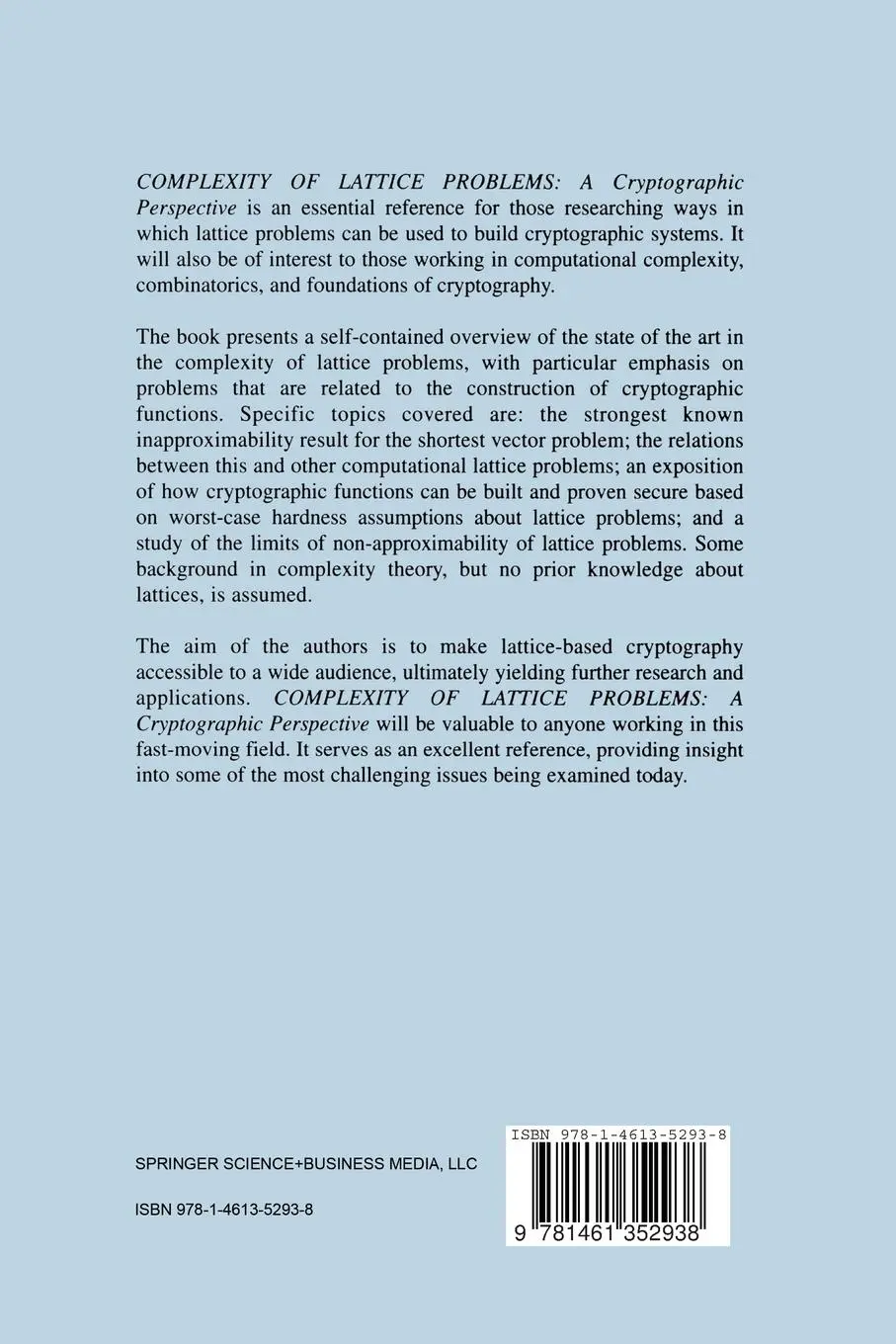 Rückseite: 9781461352938 | Complexity of Lattice Problems | A Cryptographic Perspective | Buch