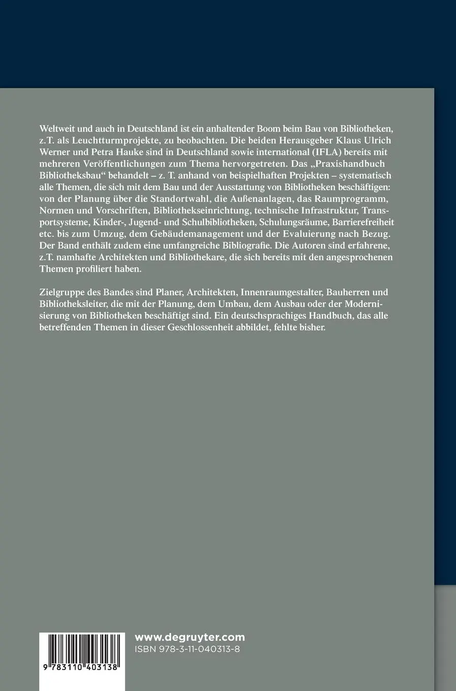 Rückseite: 9783110403138 | Praxishandbuch Bibliotheksbau | Planung - Gestaltung - Betrieb | Buch
