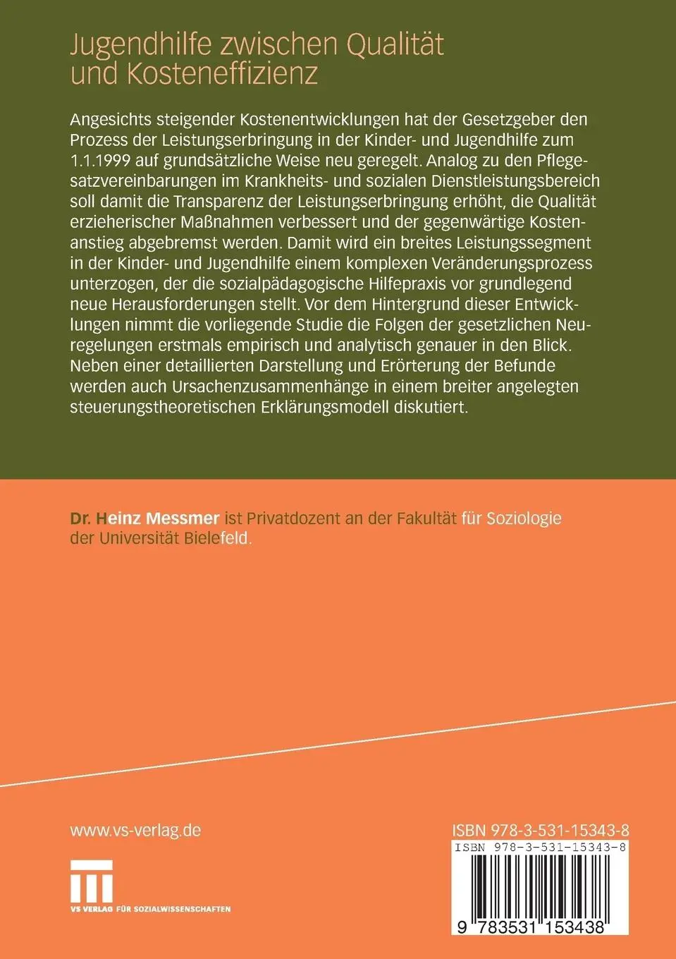 Rückseite: 9783531153438 | Jugendhilfe zwischen Qualität und Kosteneffizienz | Heinz Messmer