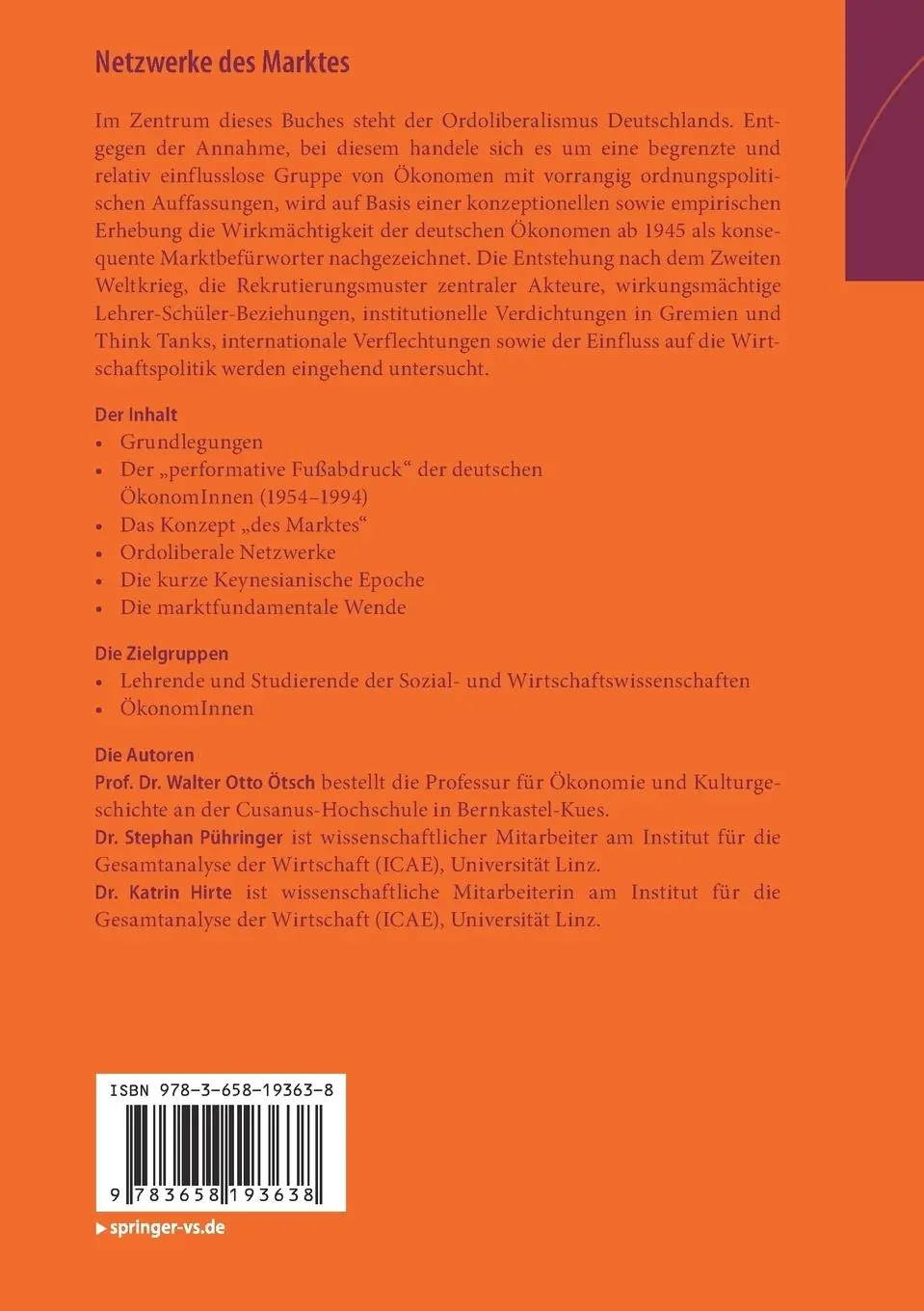 Rückseite: 9783658193638 | Netzwerke des Marktes | Ordoliberalismus als Politische Ökonomie | xii
