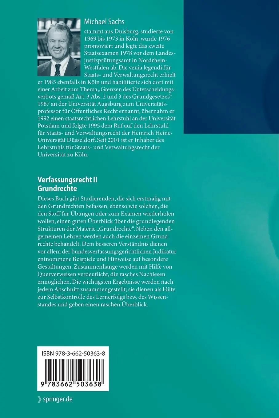 Rückseite: 9783662503638 | Verfassungsrecht II - Grundrechte | Michael Sachs | Taschenbuch | 2016