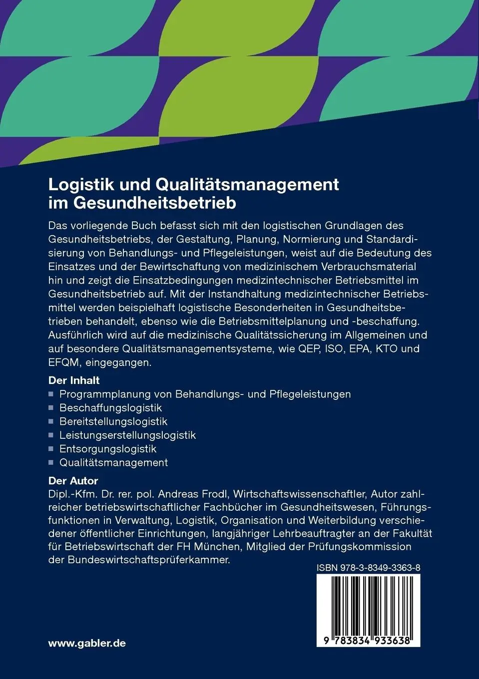 Rückseite: 9783834933638 | Logistik und Qualitätsmanagement im Gesundheitsbetrieb | Andreas Frodl