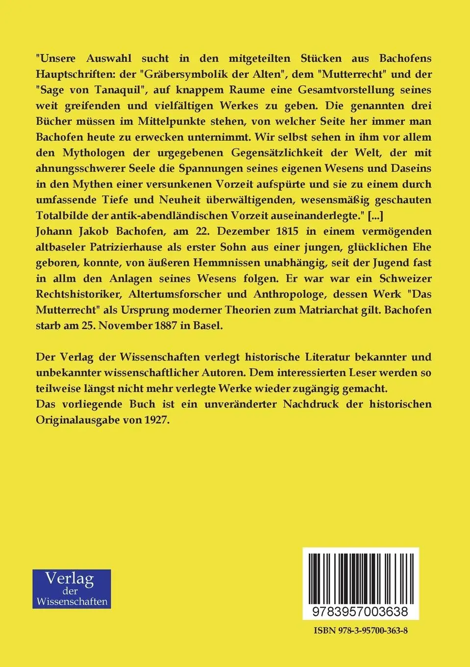 Rückseite: 9783957003638 | Mutterrecht und Urreligion | Johann Jakob Bachofen | Taschenbuch