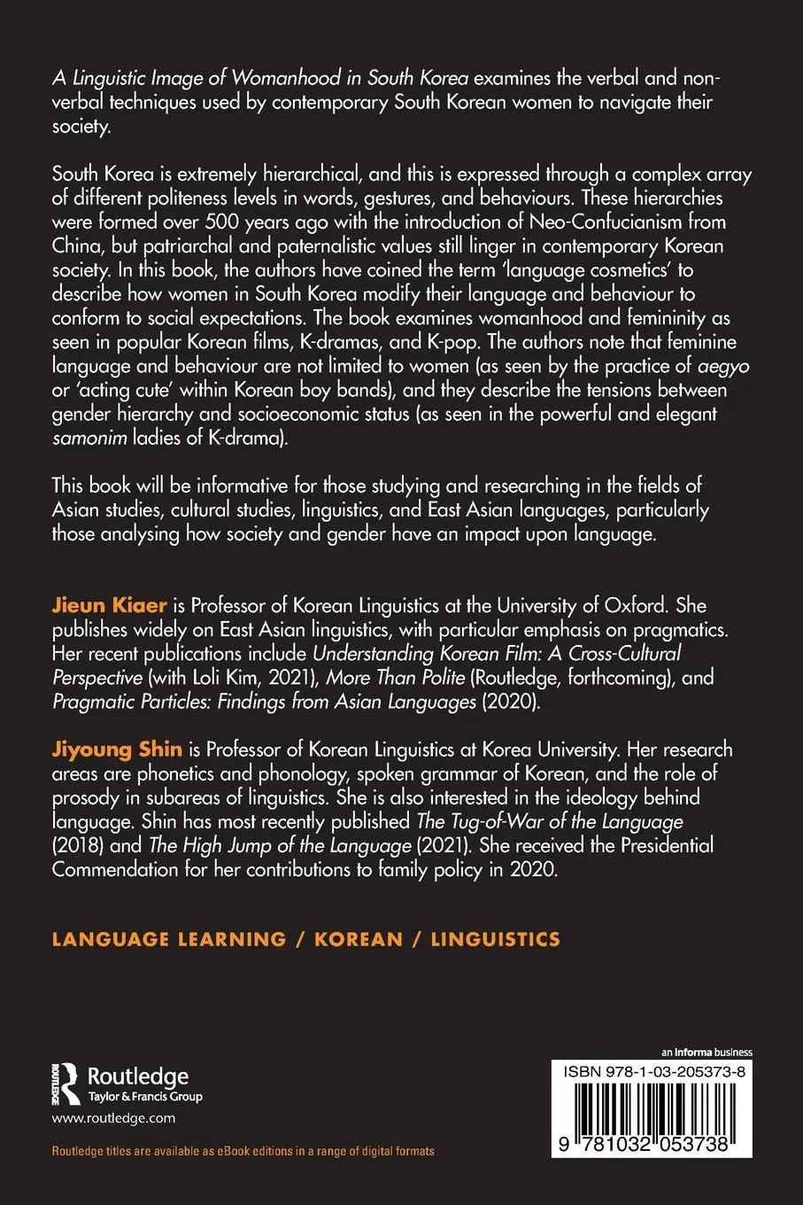 Rückseite: 9781032053738 | A Linguistic Image of Womanhood in South Korea | Jieun Kiaer (u. a.)
