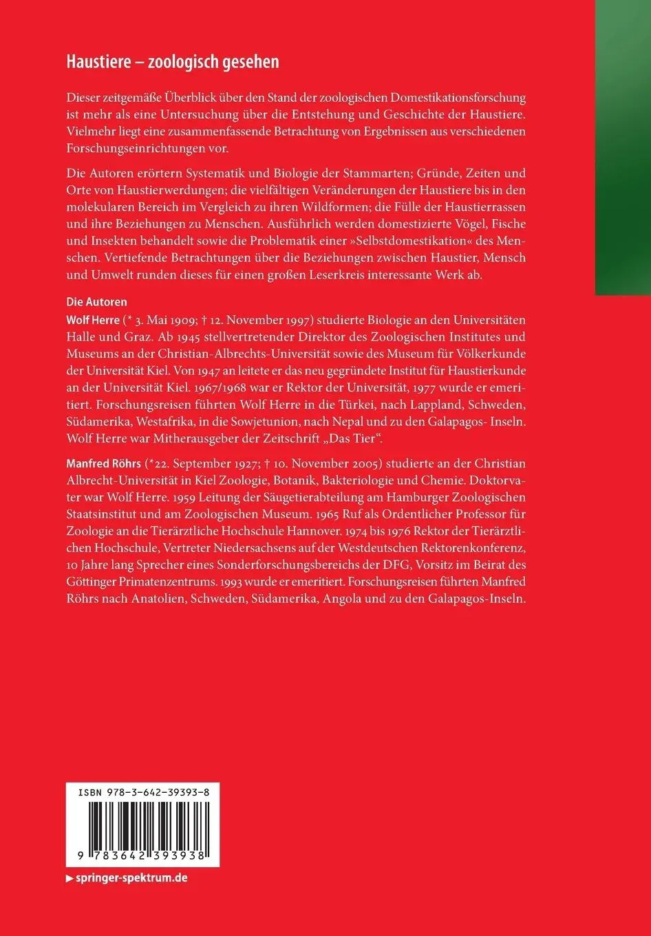 Rückseite: 9783642393938 | Haustiere - zoologisch gesehen | Manfred Röhrs (u. a.) | Taschenbuch