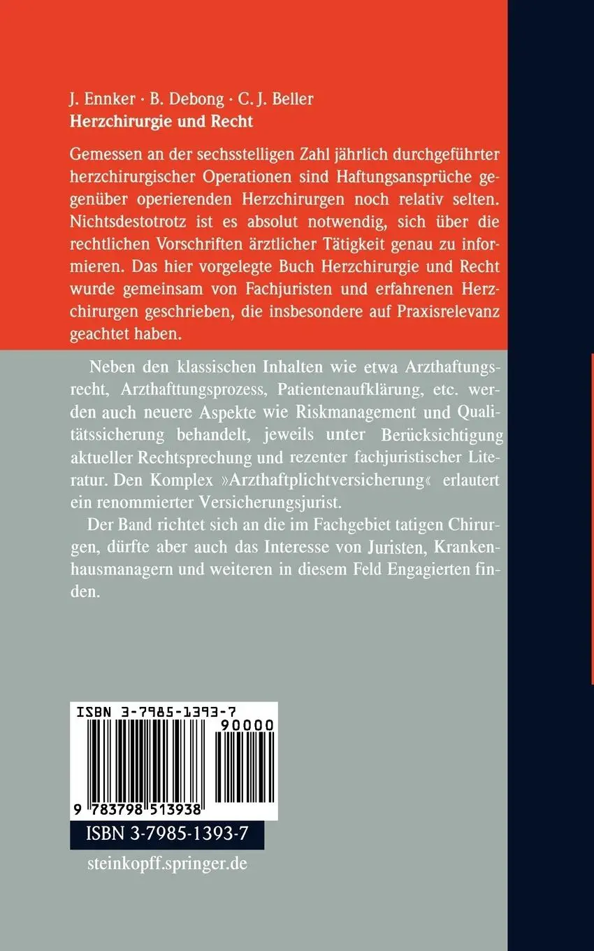 Rückseite: 9783798513938 | Herzchirurgie und Recht | J. Ennker (u. a.) | Taschenbuch | xii | 2004