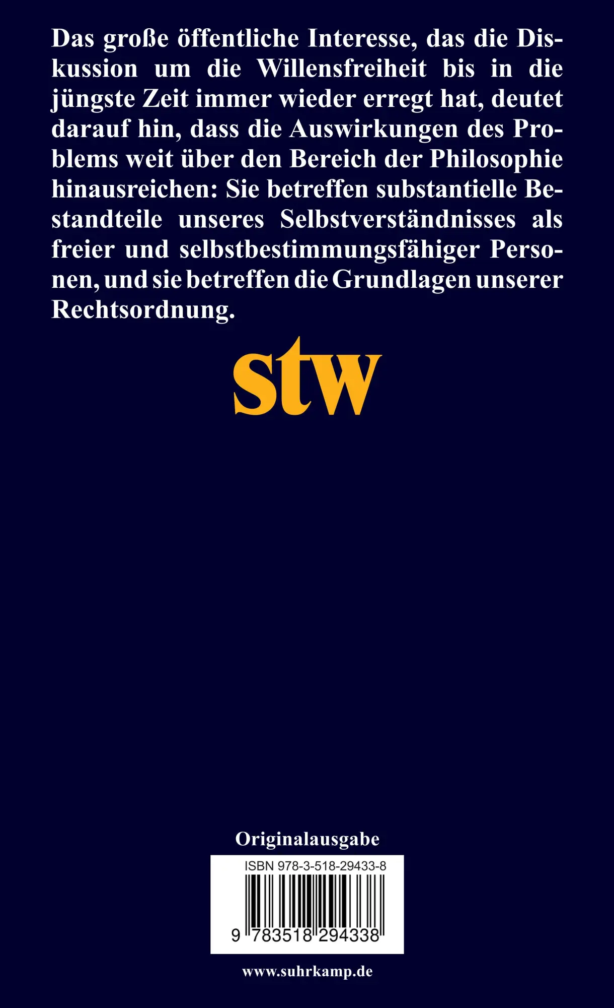 Rückseite: 9783518294338 | Willensfreiheit und rechtliche Ordnung | Ernst-Joachim Lampe (u. a.)