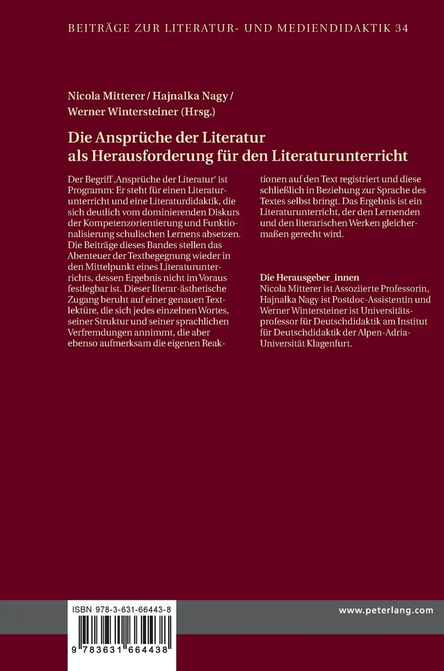 Rückseite: 9783631664438 | Die Ansprüche der Literatur als Herausforderung für den...