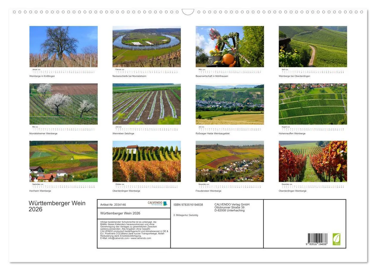 Bild: 9783516194838 | Württemberger Wein 2026 (Wandkalender 2026 DIN A2 quer), CALVENDO...