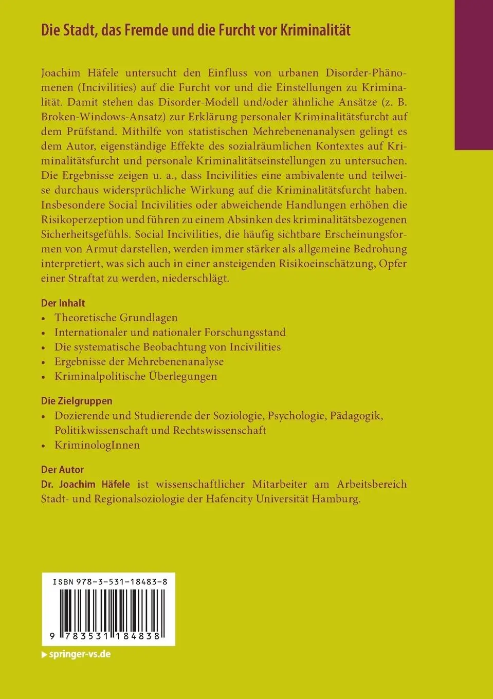 Rückseite: 9783531184838 | Die Stadt, das Fremde und die Furcht vor Kriminalität | Joachim Häfele