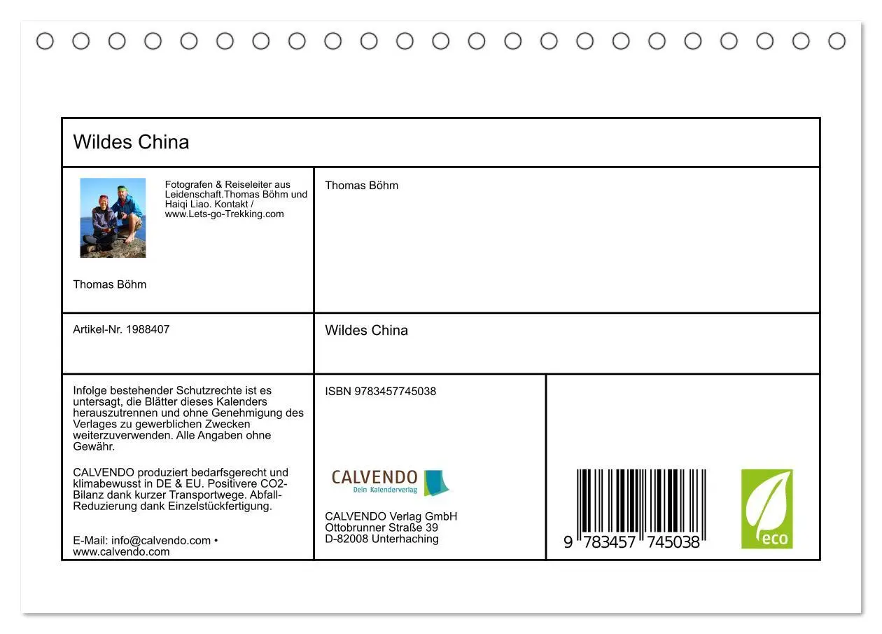 Bild: 9783457745038 | Wildes China (Tischkalender 2026 DIN A5 quer), CALVENDO Monatskalender