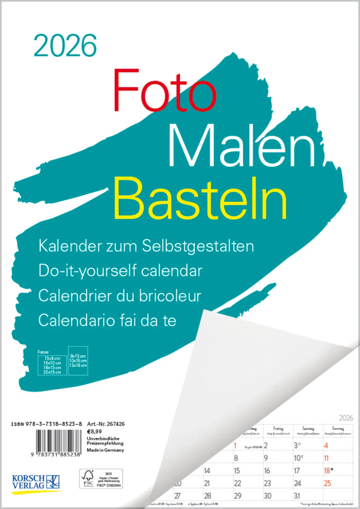Cover: 9783731885238 | Foto-Malen-Basteln A4 weiß Notice 2026 | Verlag Korsch | Kalender