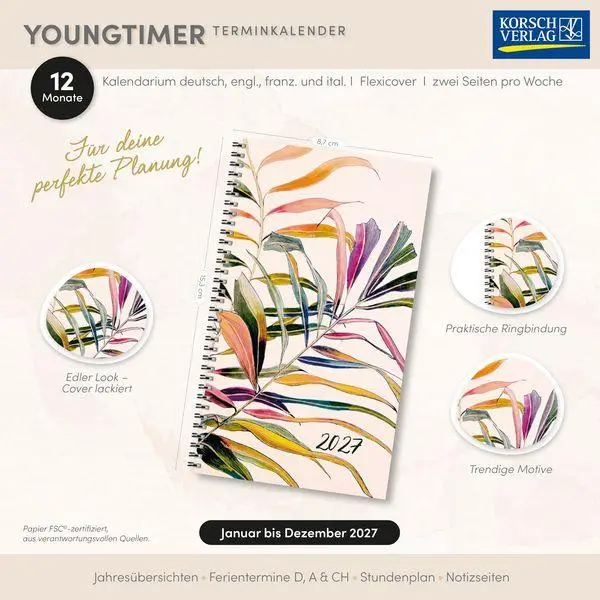 Bild: 9783819305238 | Taschenkalender Youngtimer Palmblätter 2027 | Korsch Verlag | Buch