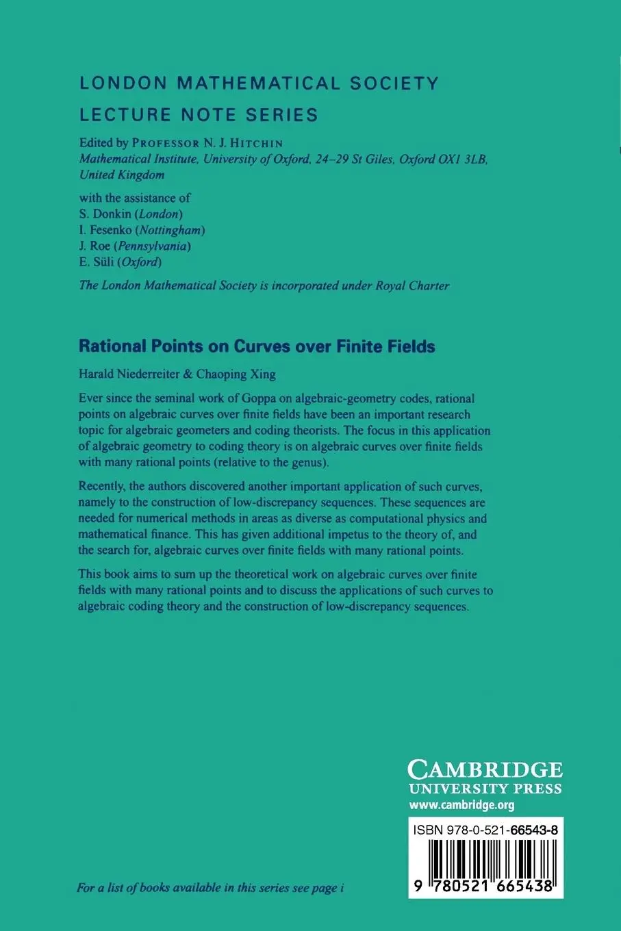 Rückseite: 9780521665438 | Rational Points on Curves Over Finite Fields | Theory and Applications