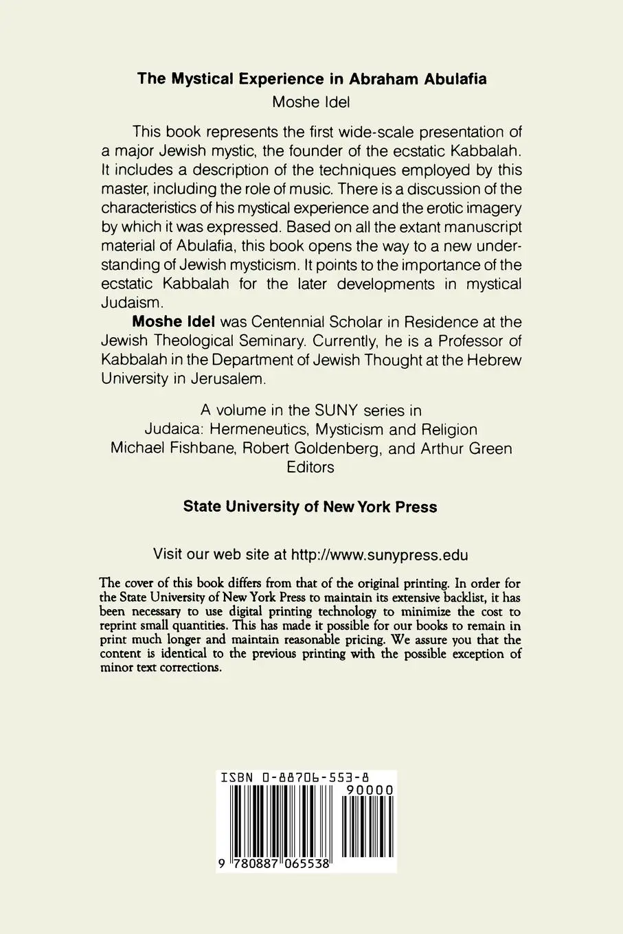 Rückseite: 9780887065538 | The Mystical Experience in Abraham Abulafia | Moshe Idel | Taschenbuch
