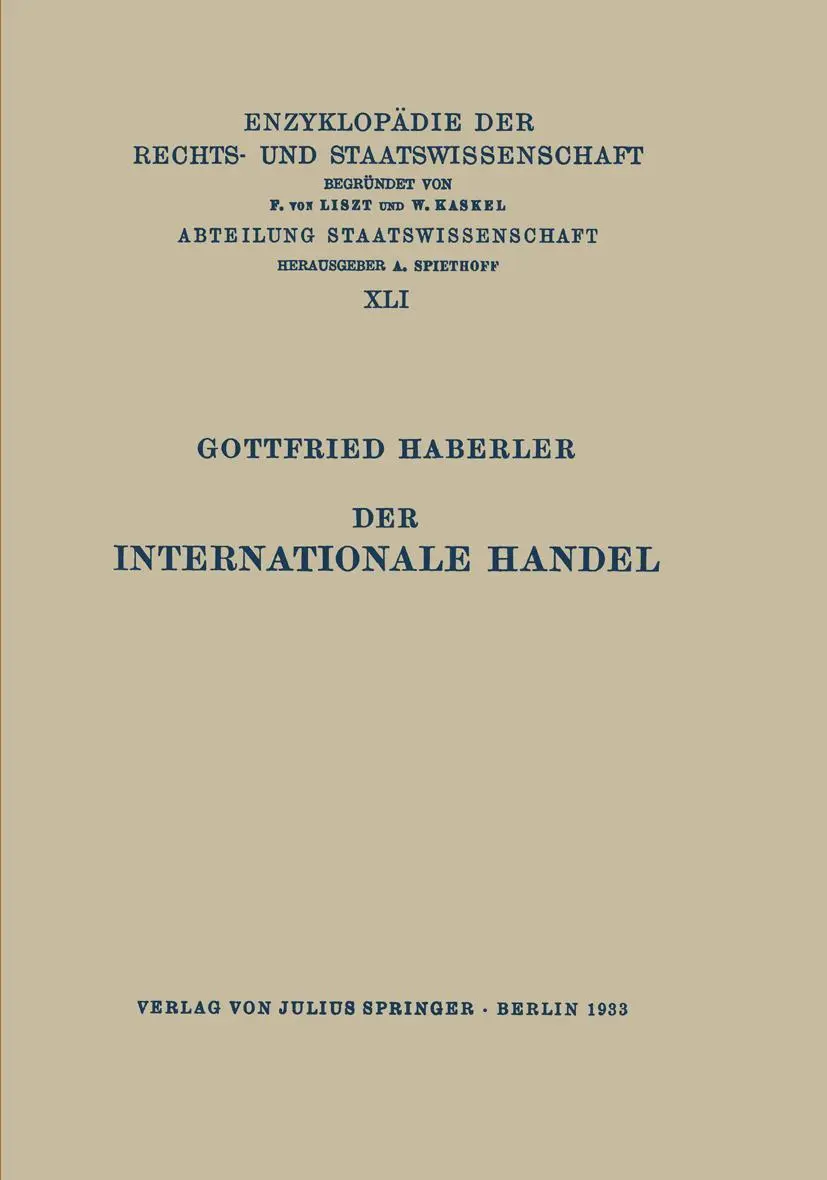 Cover: 9783642505638 | Der Internationale Handel | Gottfried Haberler | Taschenbuch | xii