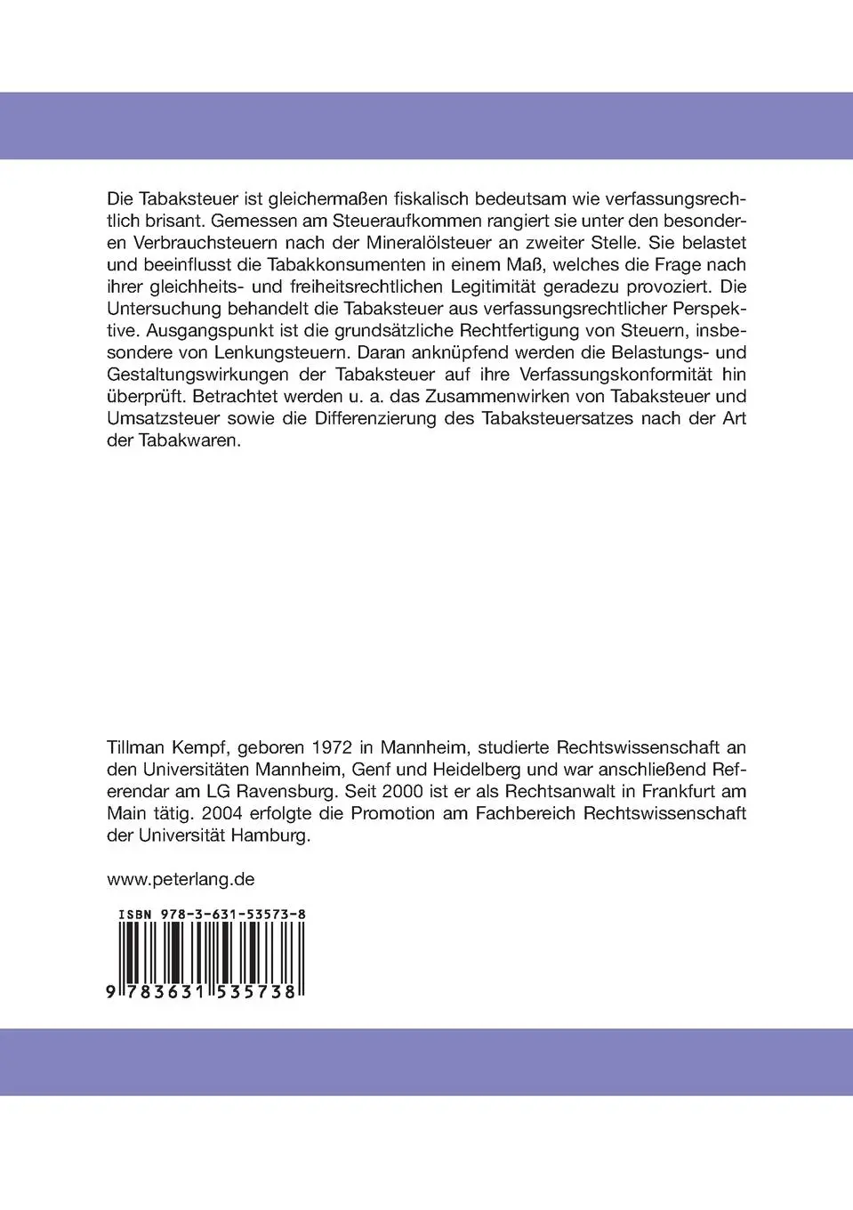 Rückseite: 9783631535738 | Die Rechtfertigung der Tabaksteuer | Tillman Kempf | Taschenbuch