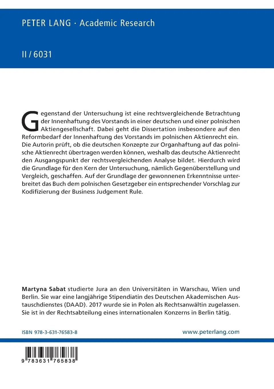 Rückseite: 9783631765838 | Die Innenhaftung des Vorstands in einer Aktiengesellschaft - eine...